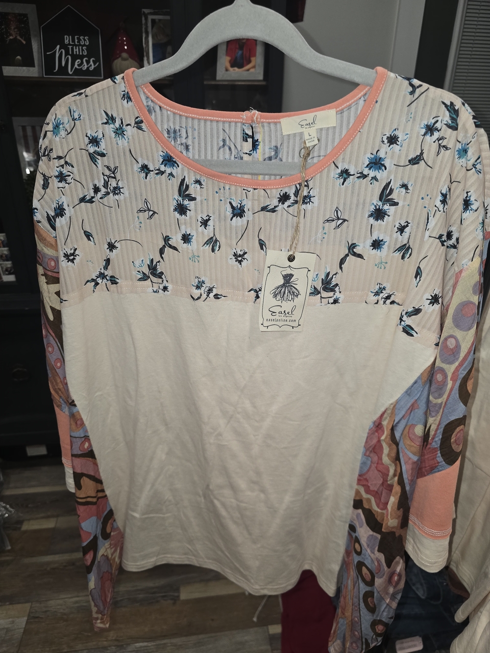 EASEL Cream Long Sleeve Mixed-Print Top with Coral Trim